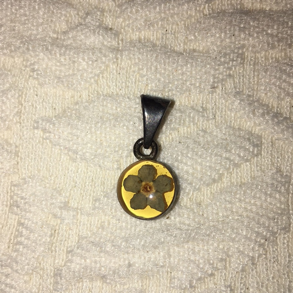 Pressed forget me not flower silver glass pendant